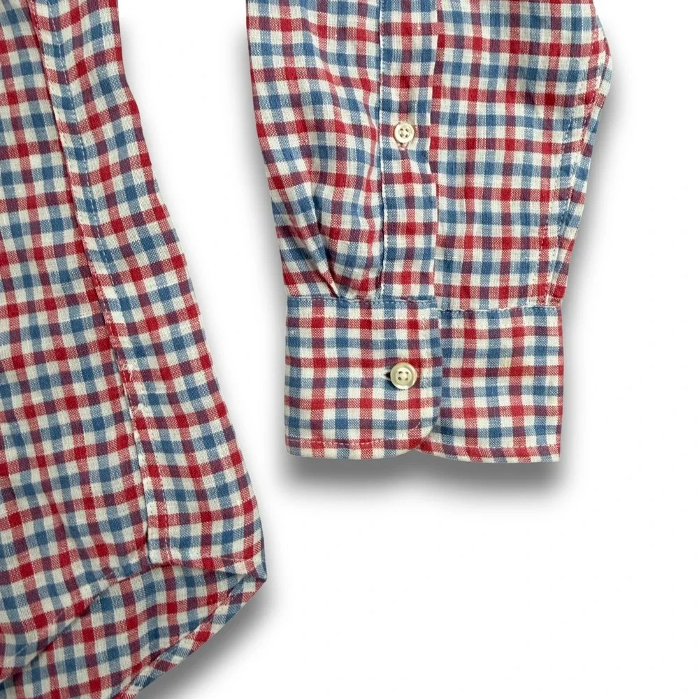 J.Crew Shirt Mens XL Red Blue Gingham Plaid Slim Fit 100%‎ Linen Button Down